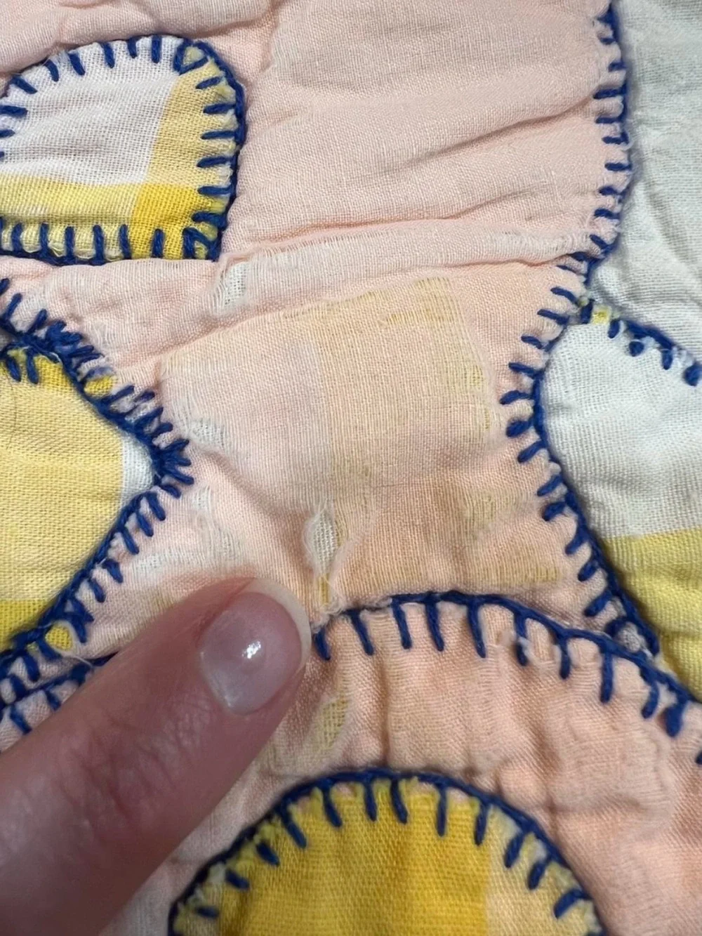 Vintage Handstitched Overall Sam Applique Baby Quilt - Red, Blue, Navy, Pink